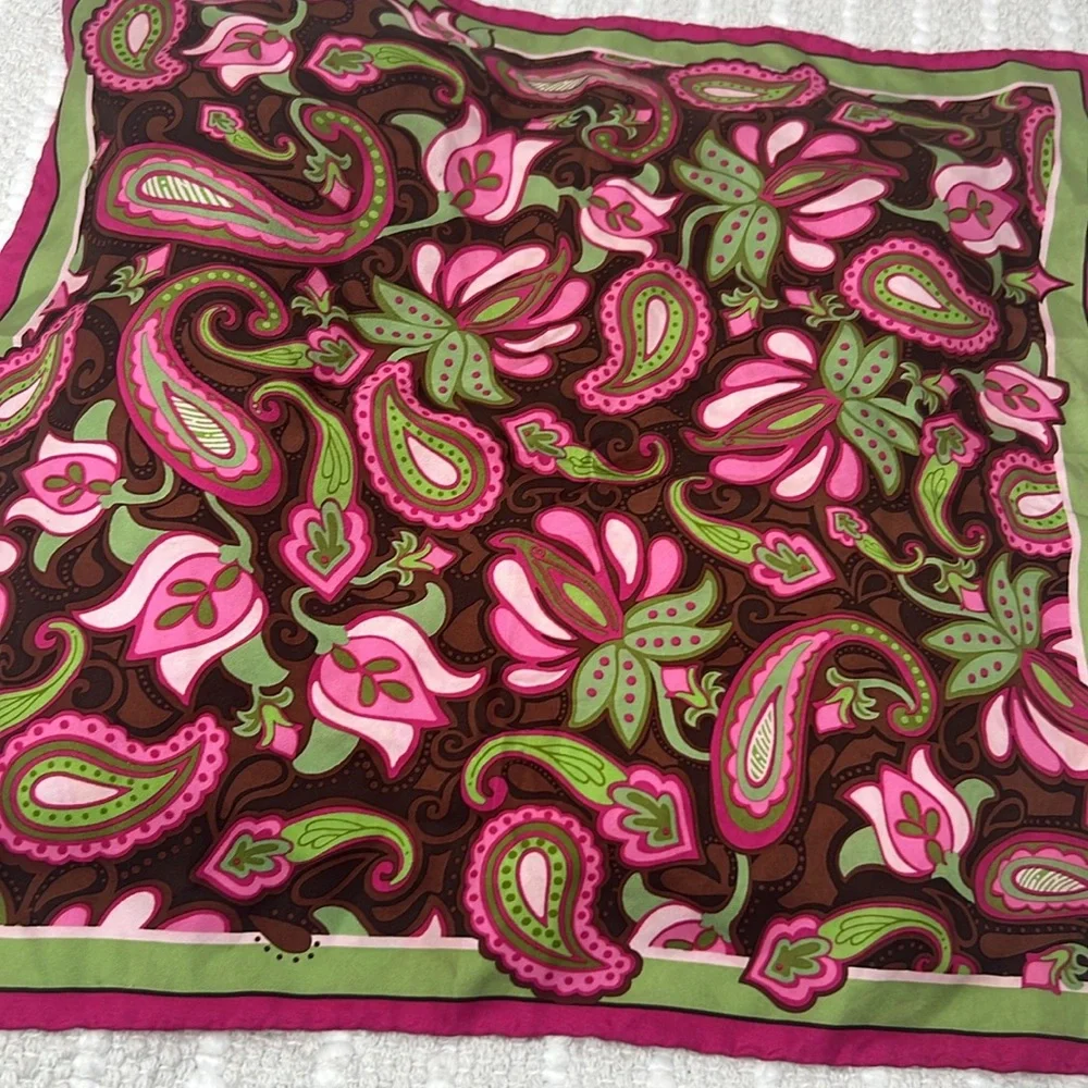 Vintage 100% Silk Mod Paisley Floral Scarf Pink Green Brown 18” Square